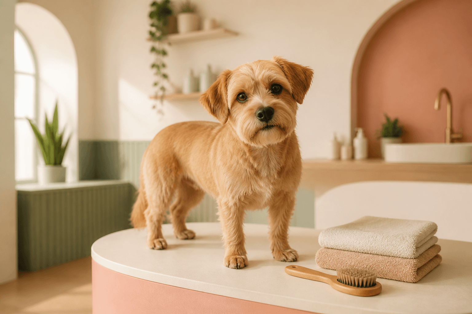 Cachorro de pelo caramelo em um espaço acolhedor de banho e tosa.
