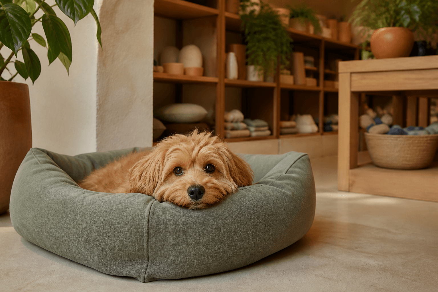 Cachorro de pelo caramelo descansando em uma cama verde dentro de um pet shop acolhedor.