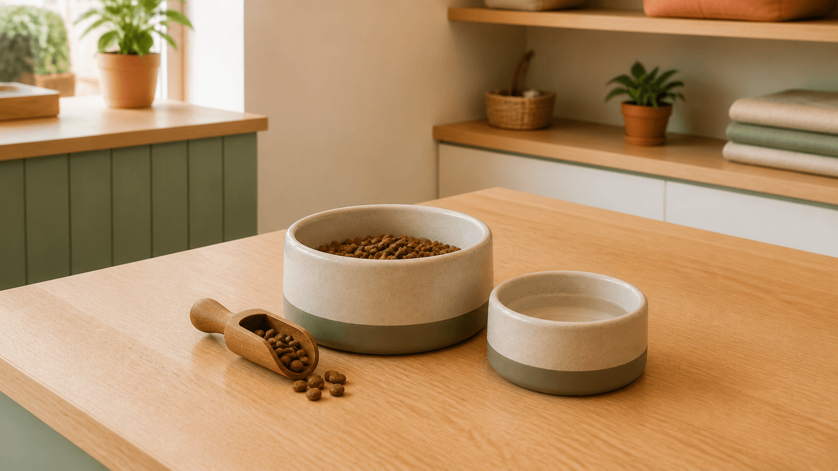 Dois potes de cerâmica para alimentação do pet e uma pequena pá de madeira com ração sobre um balcão claro.